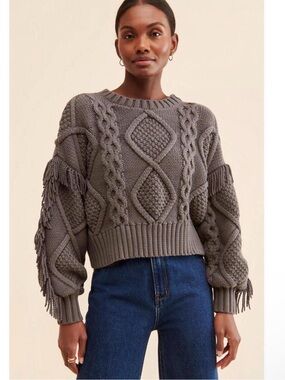 Line & Dot Gray Cable-Knit Fringe Crewneck Sweater